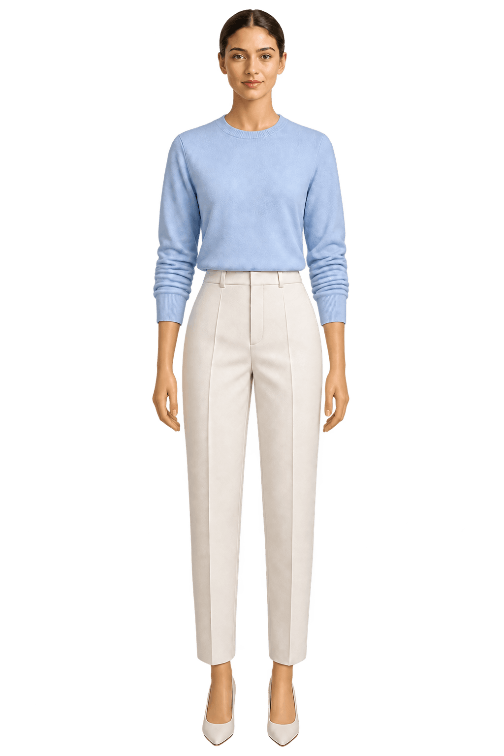 Illustratief vrouwelijk appmodel met een blauwe top en ivoorkleurige broek