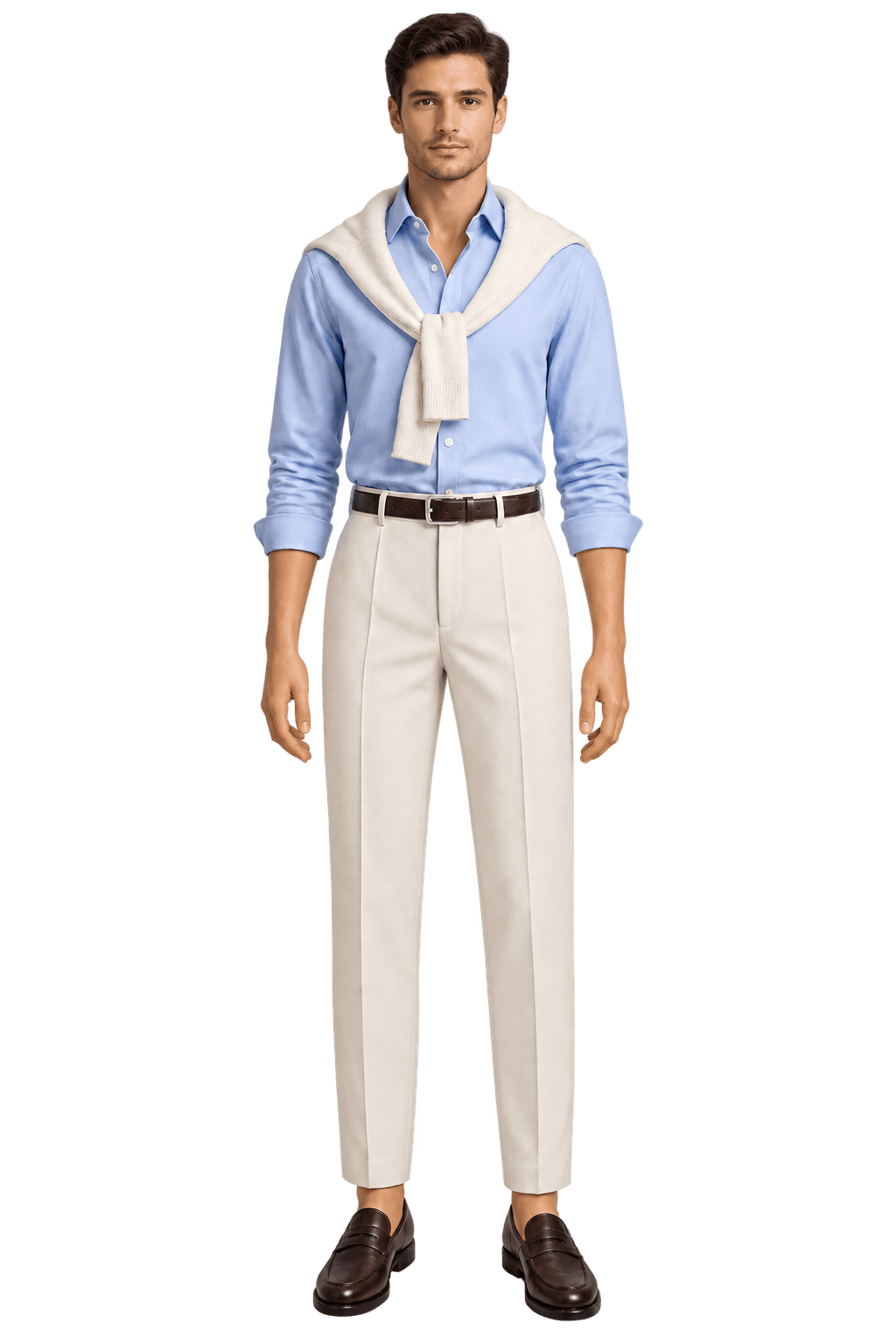 Illustratief mannelijk appmodel met een blauw shirt en ivoorkleurige broek